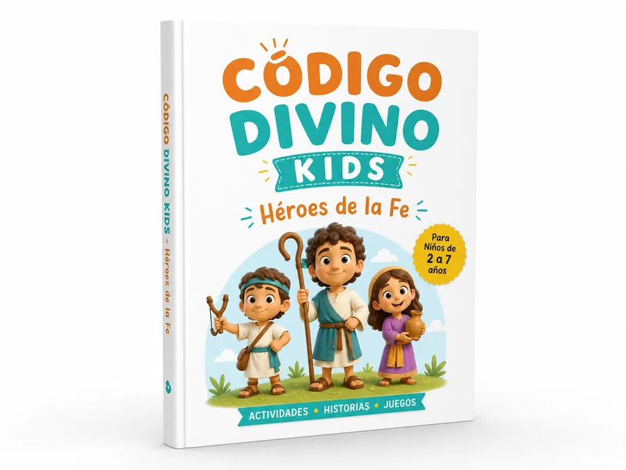 Mockup del producto Código Divino Kids Héroes de la Fe con actividades, historias y juegos bíblicos para niños de 2 a 7 años