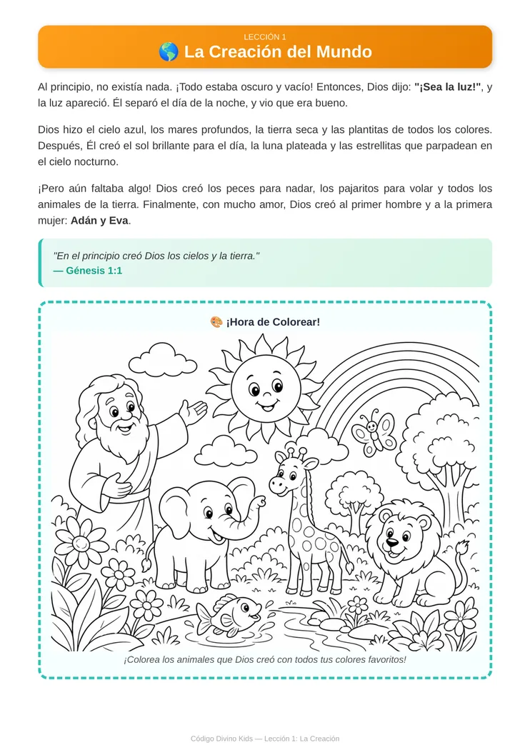 Muestra real del PDF Código Divino Kids con historia de la creación y dibujo para colorear